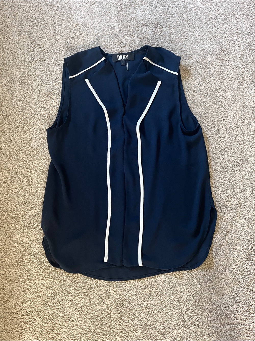 DKNY Navy Sleeveless V-Neck Shell with White Piping